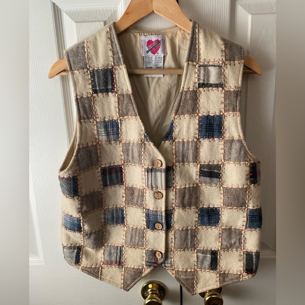 VINTAGE KEREN HART Cream Wool Blend Patchwork Boho Cottagecore Vest M